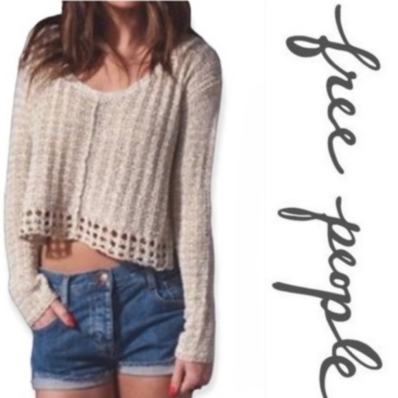 FREE PEOPLE Cotton linen knit cropped sweater top xs - Picture 1 of 13